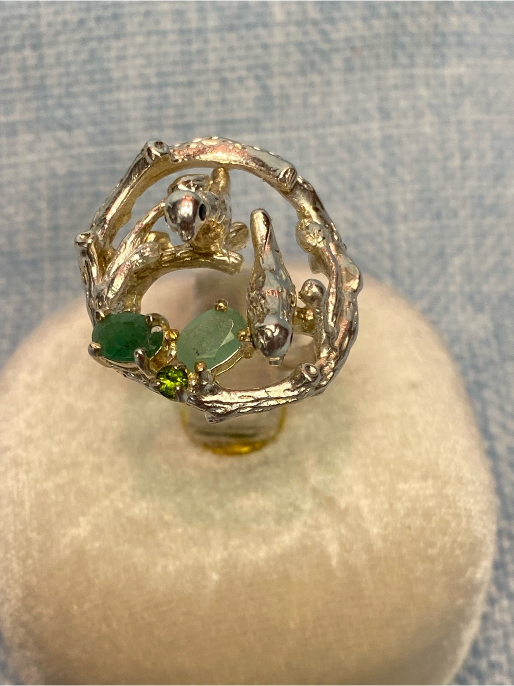 Artisan Sterling Emerald, Jade and Peridot Love Bird Statement Ring
